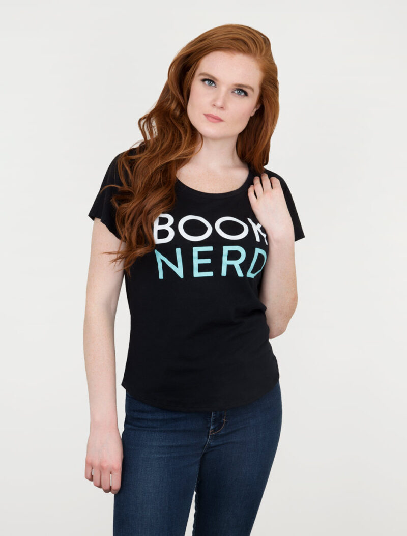 Book Nerd T-Shirt (Women's Crew Neck). Black T-Shirt with "Book" in white written on top, "Nerd" in baby blue written on the bottom.