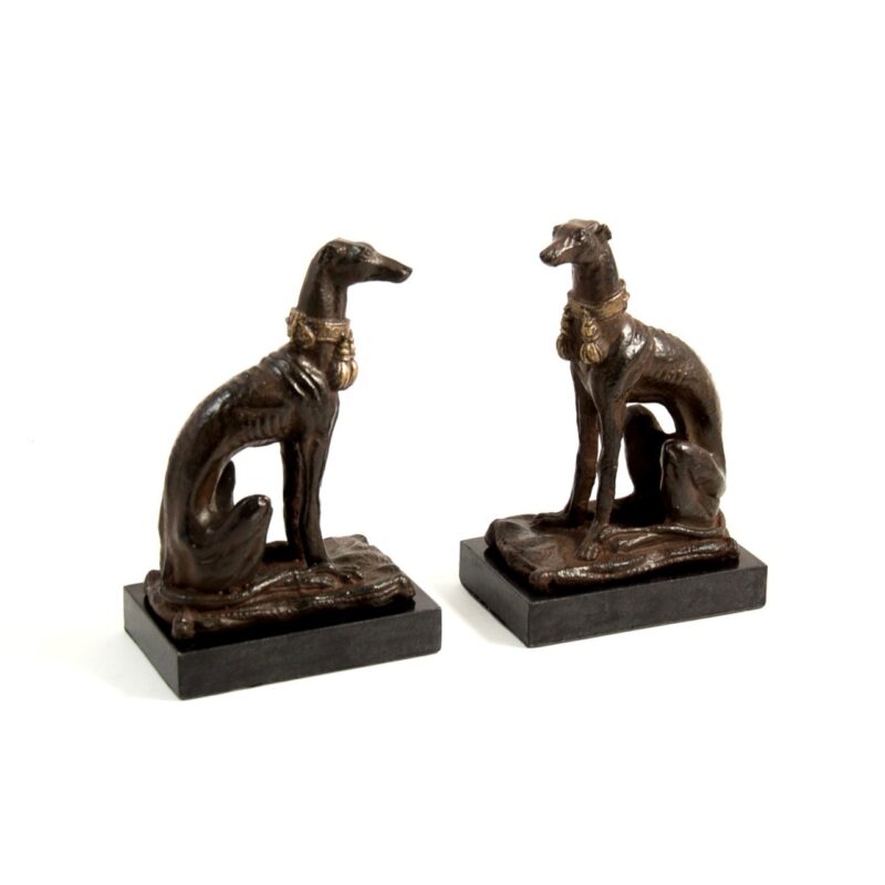 Reading companion bookends in the shape of whippet dogs.