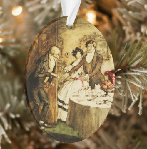 A Christmas Carol ceramic ornament of Scrooge at nephew Fred's