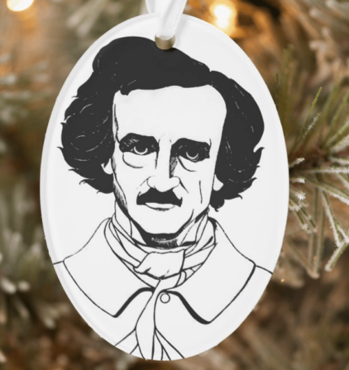 Oval shaped ornament depicting a black and white self-portrait of Edgar Allan Poe