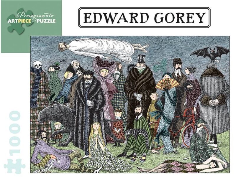 Image of the 1,000-piece Edward Gorey puzzle. The puzzle is an illustration of characters and figures drawn in Edward Gorey's art style.