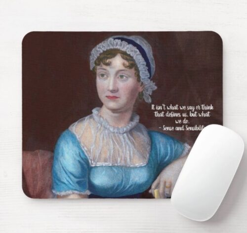Jane Austen mousepad, featuring artwork and a quote from Sense and Sensibility.