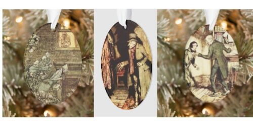 Three oval shaped ornament inspired by Scrooge from The Christmas Carol