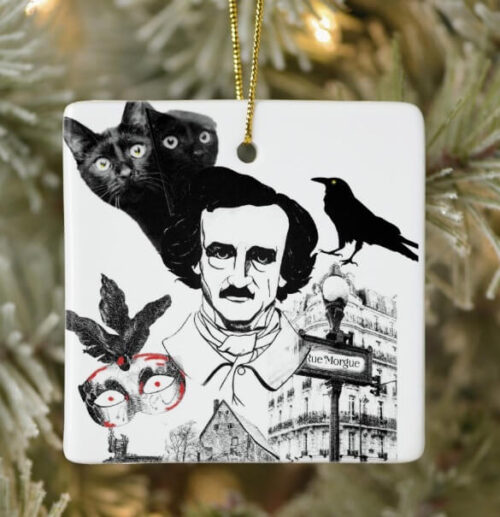 Square shaped ornament features the world of Edgar Allan Poe and symbols from his most famous works of poetry such as black cats and crows