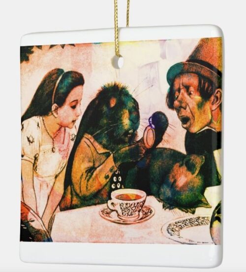 Square shaped ornament depicts Alice and her whimsical friends
