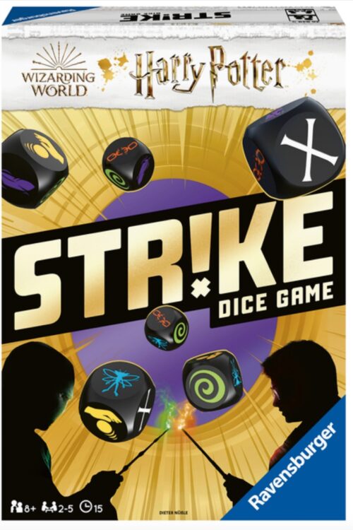 Harry Potter Strike Dice Game box shows two wizards facing off in a wand duel and faces of dice with various symbols