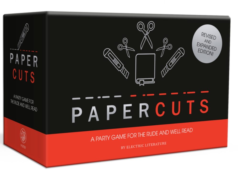 Show off your page-turning prowess and bust out your best book-themed jokes with this raucous party game full of literary laughs from the wordsmiths at the indie nonprofit Electric Literature. Papercuts is what Kurt Vonnegut, James Baldwin, and Virginia Woolf would play if they were alive, locked in a room together, and forced to play a card game. This party game for bibliophiles and pop culture fanatics follows an intuitive and popular game format, similar to Apples to Apples: the dealer lays down a Question card and each player must fill in the blank with one of the five Answer cards in their hand. What ensues is an endless loop of hilarious literary jokes and gut-busting gameplay. Sample questions include: Why does the caged bird sing? Are You There God? It's Me, __________. Last year's Booker Prize-winning novel is told from the perspective of __________. Players can respond with answers like: Flannery O'Connor's peacocks Atticus Finch before he was racist a fifteen-page sex scene This edition of Electric Literature's game boasts 100 question cards and 200 answer cards in a luxe, portable package. Toss it in a tote or bring it to your next party for countless chapters of enjoyment.