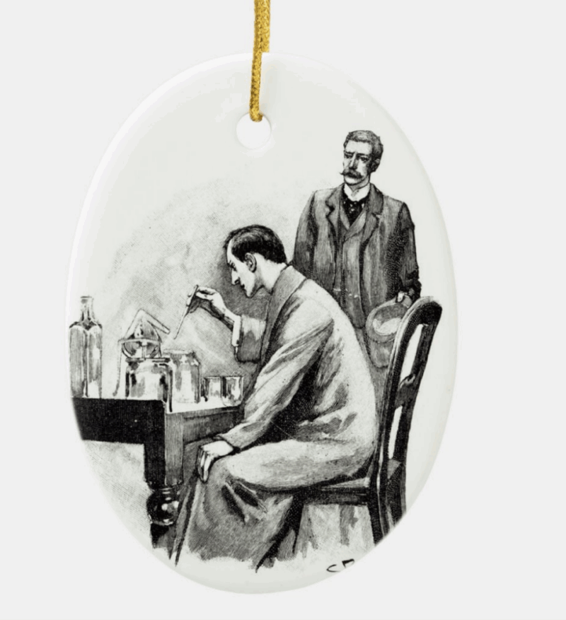 Oval shaped, black and white ornament depicts Sherlock Holmes performing a science experiment