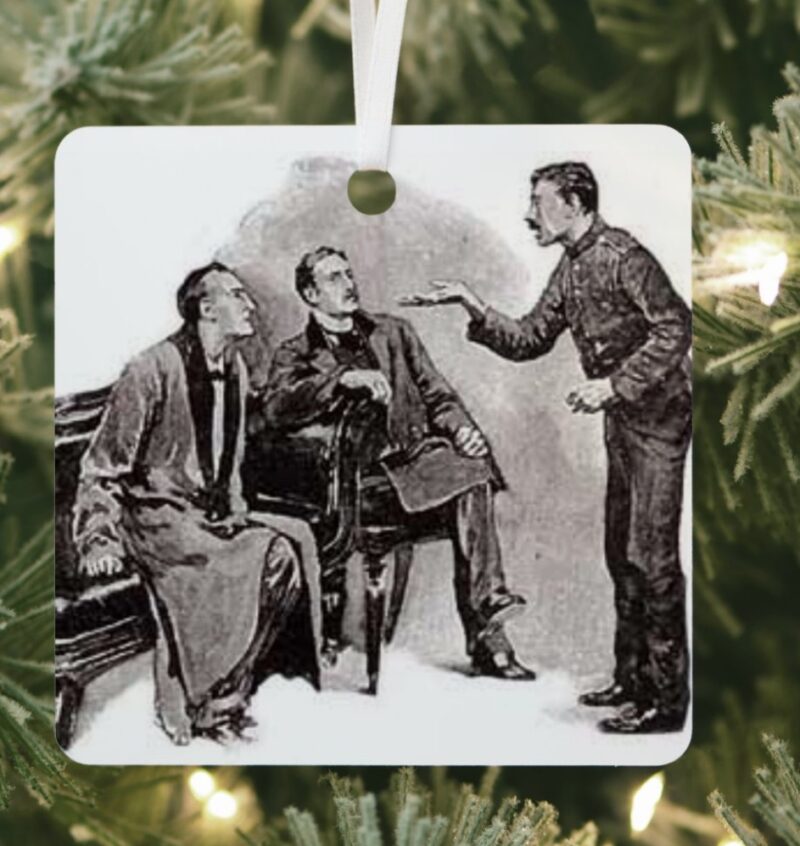 The Adventure of the Blue Carbuncle Christmas Ornament hanging on a Christmas tree