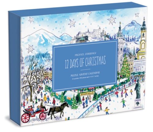 Christmas Advent Puzzle Calendar box shows an illustration of a snowy winter wonderland landscape