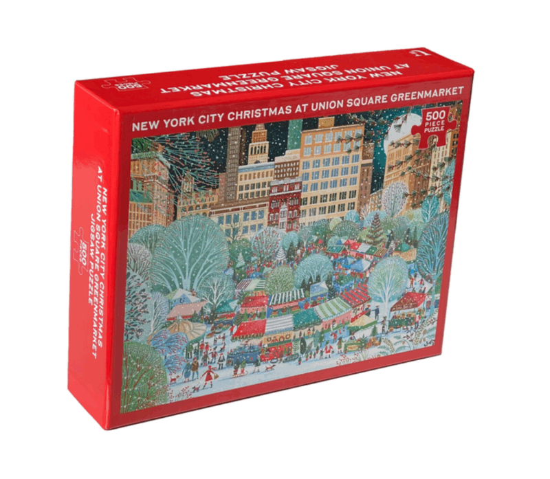 Puzzle box depicts NYC's Union Greenmarket during the holiday season