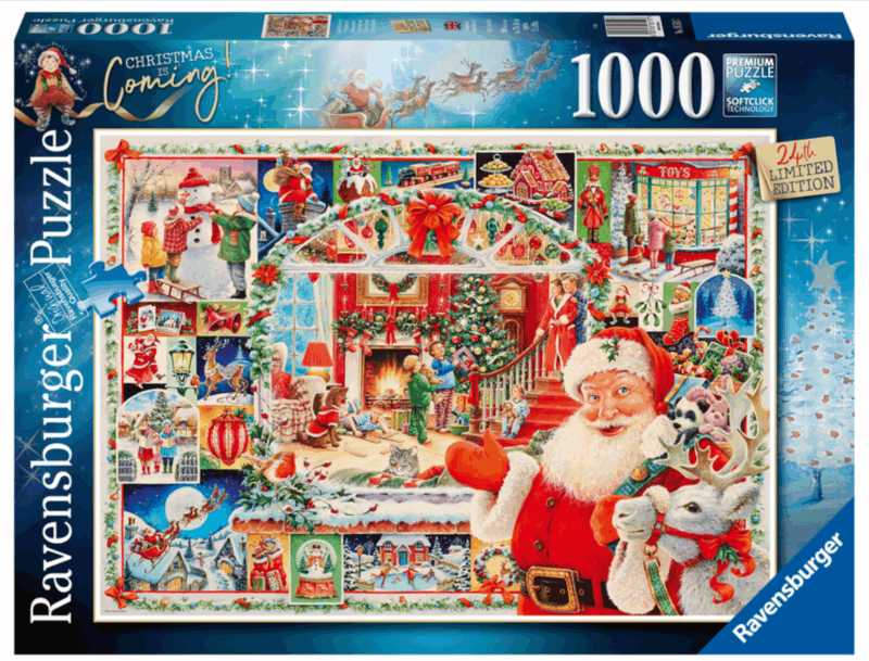 Colorful Christmas puzzle of all things holiday related like Santa, snow, trees, holly, etc.