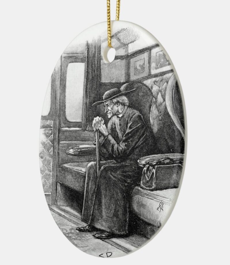 Oval shaped black and white ornament depicts Sherlock Holmes in a disguise, sitting deep in thought