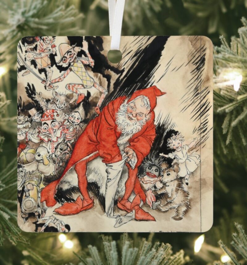Square shaped ornament shows St. Nick and his toys from The Night Before Christmas
