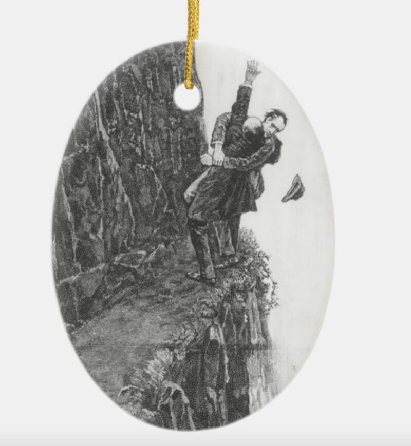 Oval shapes ornament of Sherlock and his enemy fighting on the edge of a cliff leading in Reichenback Falls