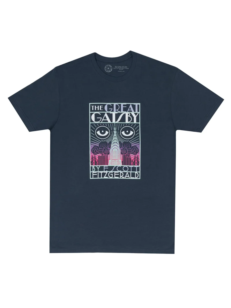 Navy T-shirt that has lettering of The Great Gatsby and F. Scott Fitzgerald