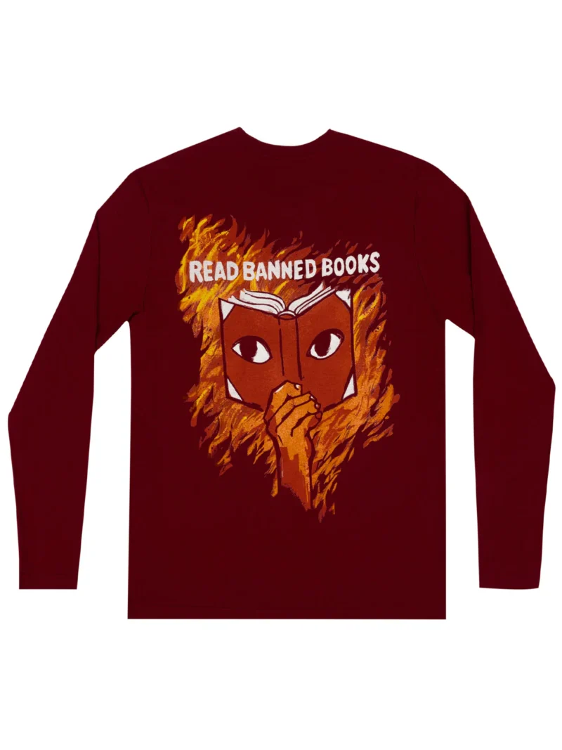red long sleeve unisex shirt with the words, "read banned books" and a fire design