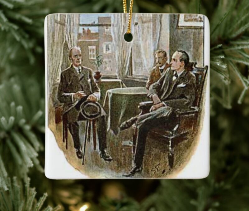 Inspired by The Adventure of the Three Students, three men dressed in suits and overcoats sit about a round table