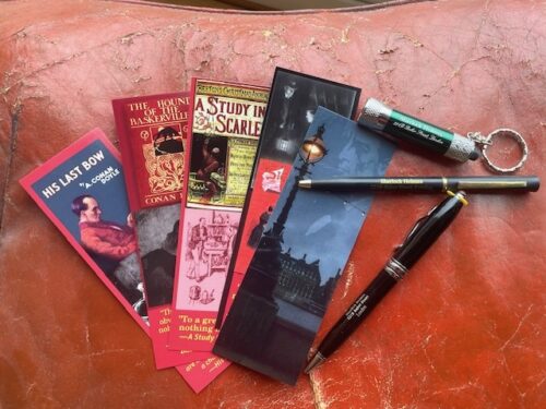 Sherlock Holmes stocking stuffer set, bookmarks, pens, & keyring